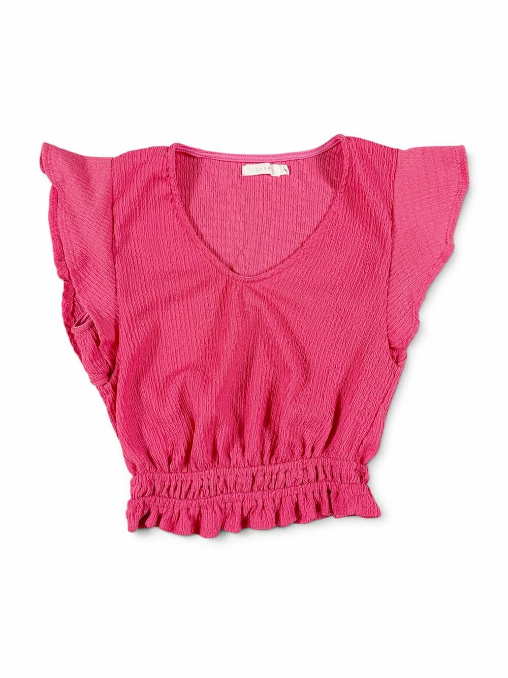 Lush Women’s Flutter Sleeve Smocked Crop Top Hot Pink Extra Small XS